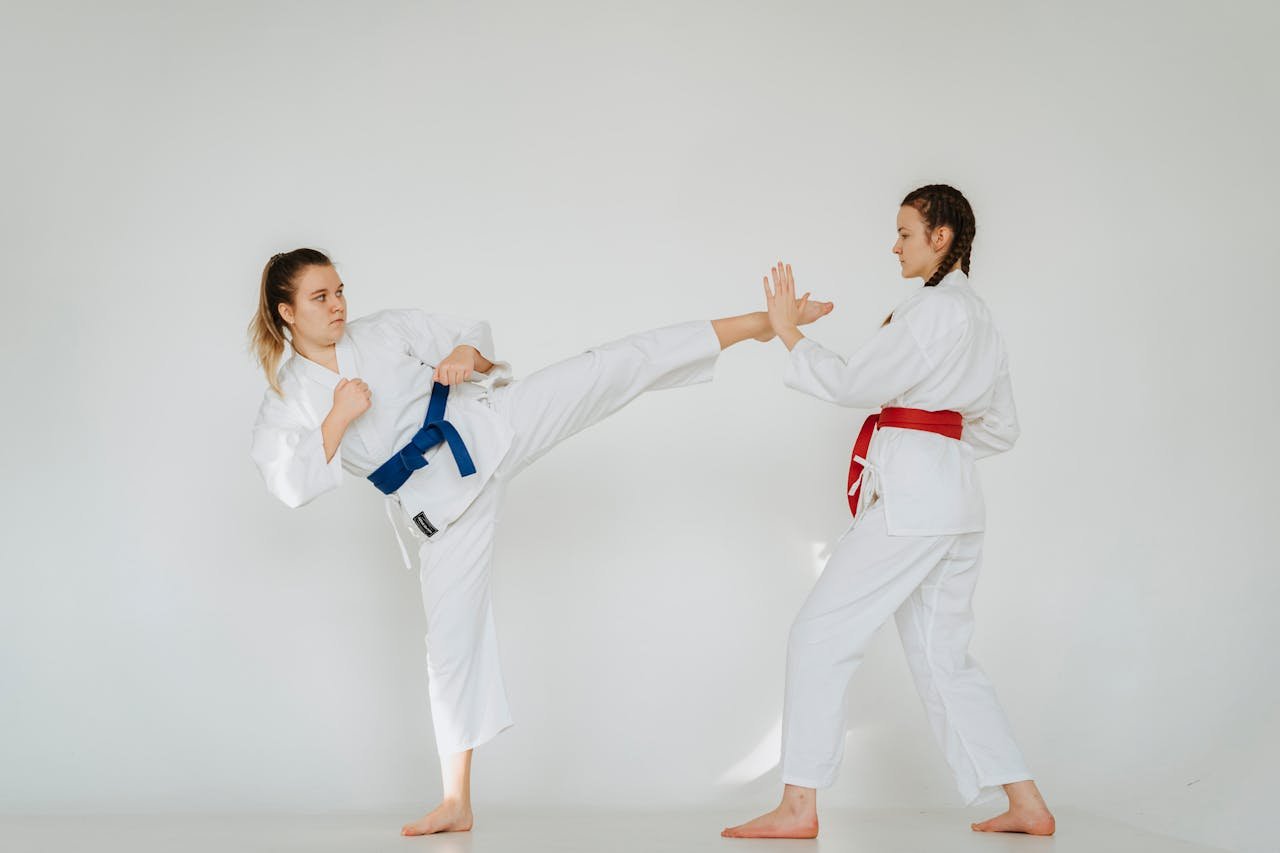 Services Dynamic shot of two women practicing martial arts techniques in a studio setting.